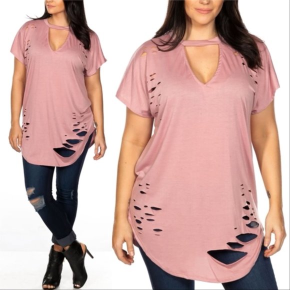 LAST 1 - PLUS SIZE CURVY MAUVE DESTROYED TEE - Picture 3 of 4